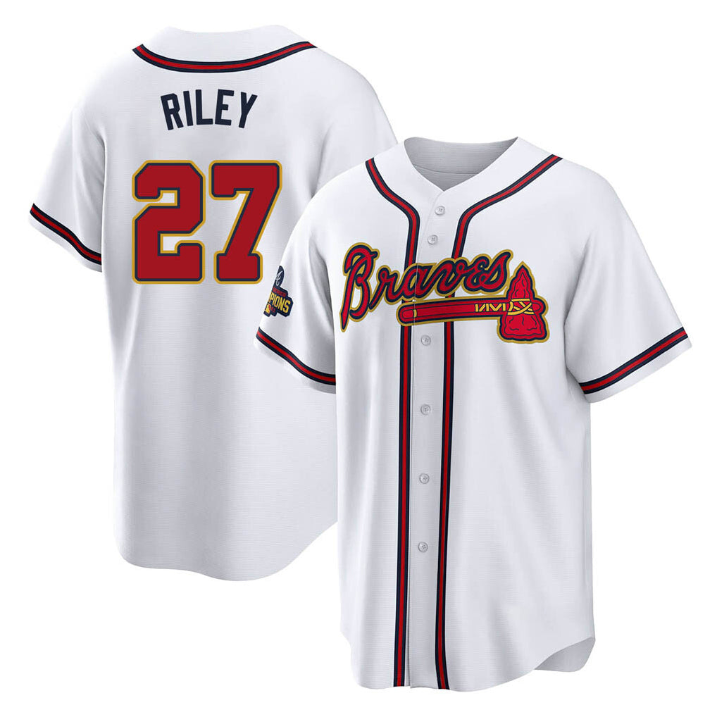 A.Braves #27 Austin Riley Player White Gold Home Game Qdoa Stitched Jerseys