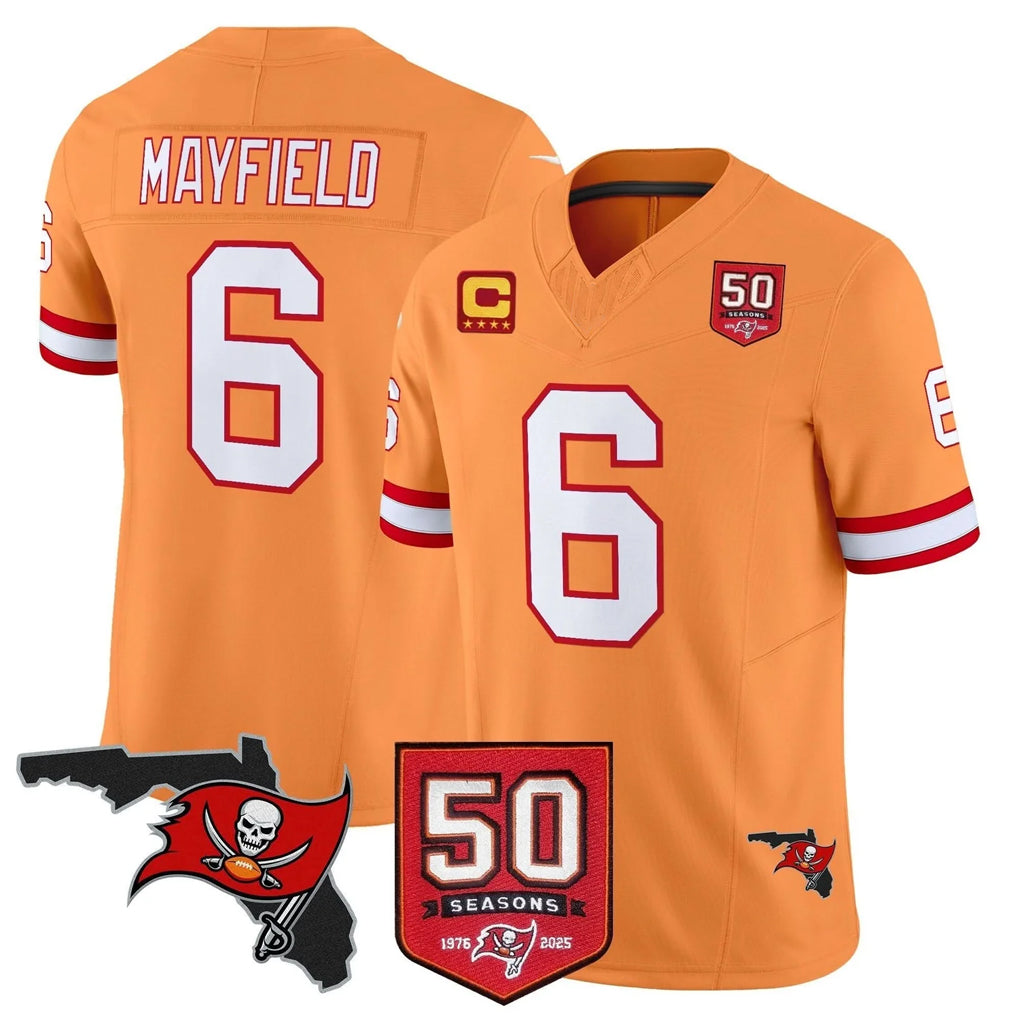 TB.Buccaneers #6 Baker Mayfield Player Orange 50th Season Vapor Limited Home Game Qdoa Stitched Jerseys