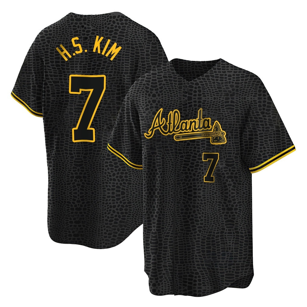 A.Braves #7 Ha-Seong Kim Player Black Snake Skin City Home Game Qdoa Stitched Jerseys