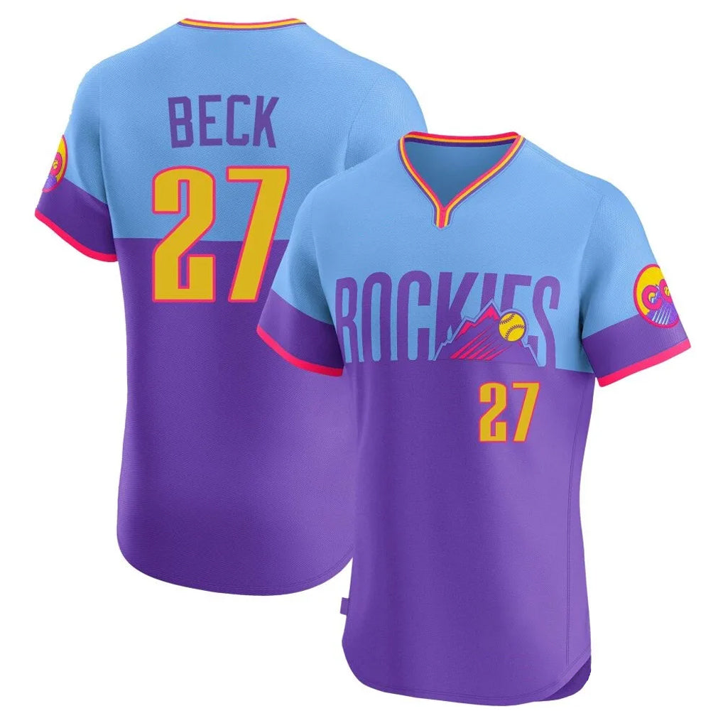 C.Rockies #27 Jordan Beck Player Purple-Light Blue City Connect Limited Elite Home T-shirt Qdoa Stitched Jerseys