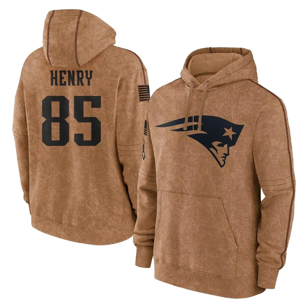 NE.Patriots #85 Hunter Henry Player Brown Salute to Service Pullover Hoodies Limited Game Qdoa Stitched Jerseys