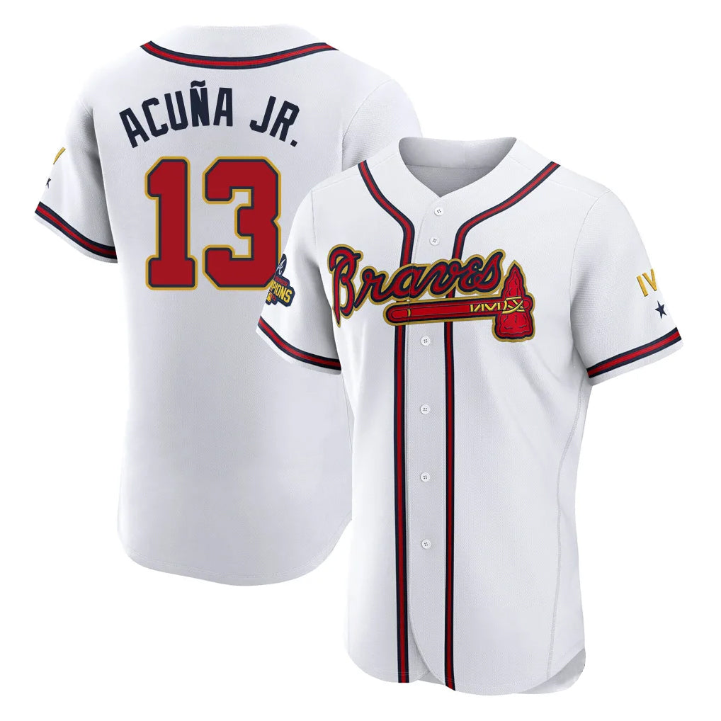 A.Braves #13 Ronald Acuna Jr Player White Gold Limited Elite Home Game Qdoa Stitched Jerseys
