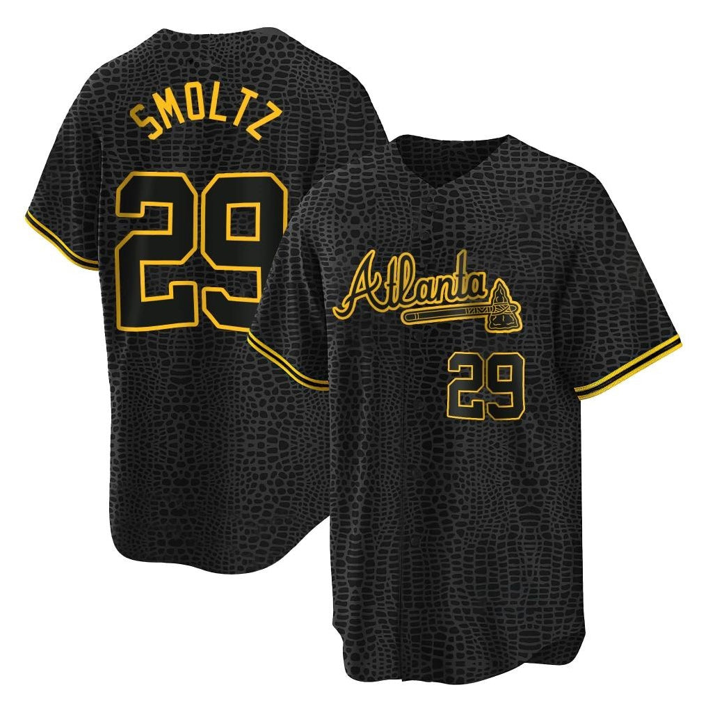 A.Braves #29 John Smoltz Player Black Snake Skin City Home Game Qdoa Stitched Jerseys
