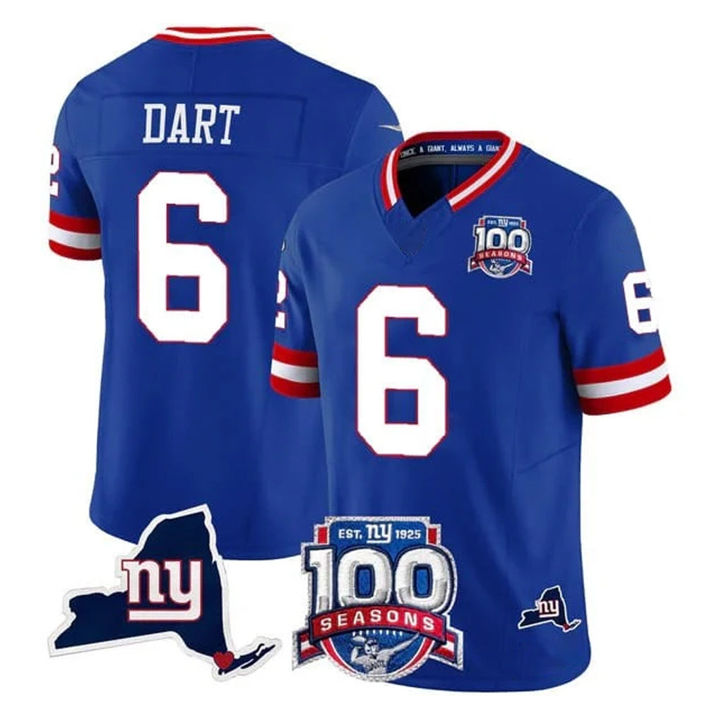 NY.Giants #6 Jaxson Dart Player Royal 100th Season & State Patch Vapor Limited Home Game Qdoa Stitched Jerseys
