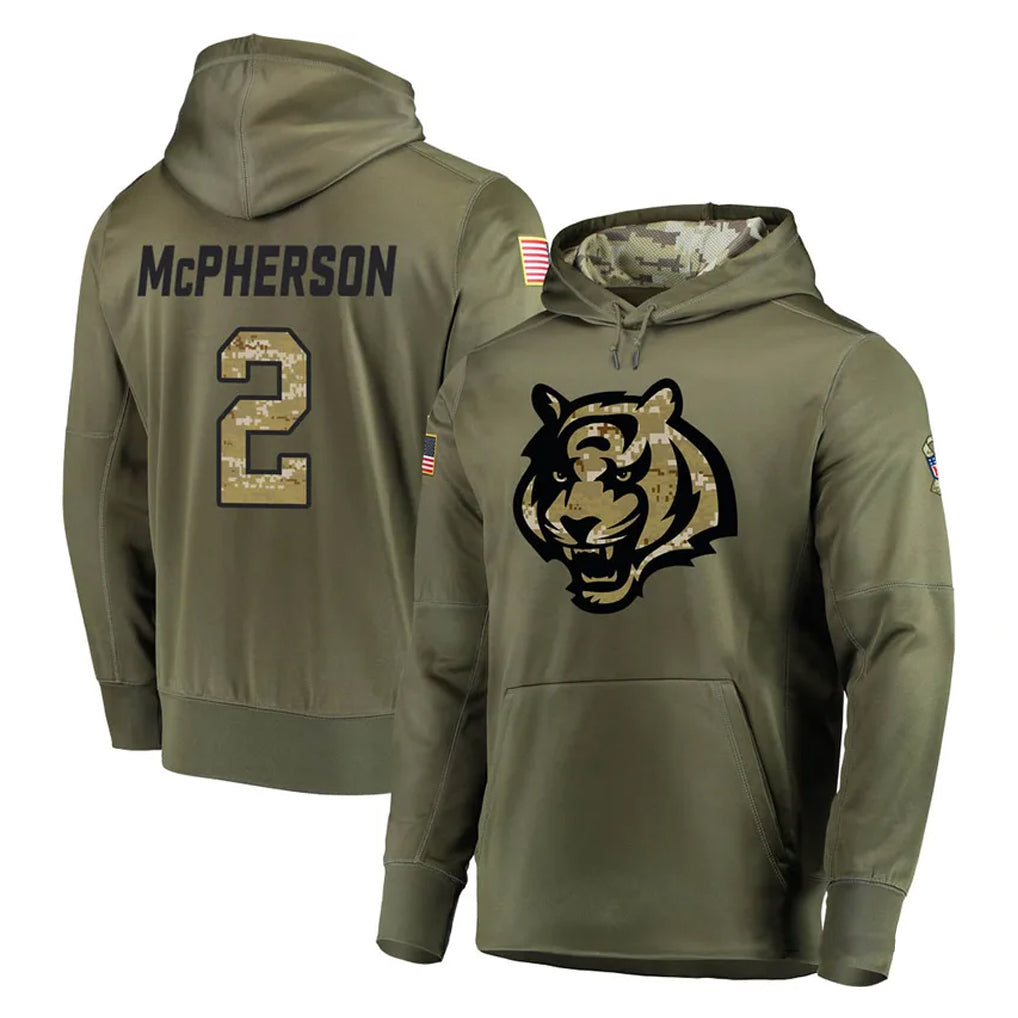 C.Bengals #2 Evan McPherson Player Olive Salute to Service Pullover Hoodies Home Game Qdoa Stitched Jerseys