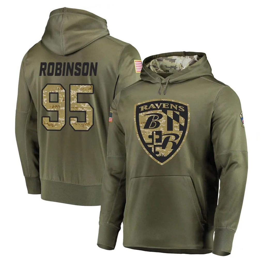 B.Ravens #95 Tavius Robinson Player Olive Salute to Service Pullover Hoodie Qdoa Stitched Jerseys