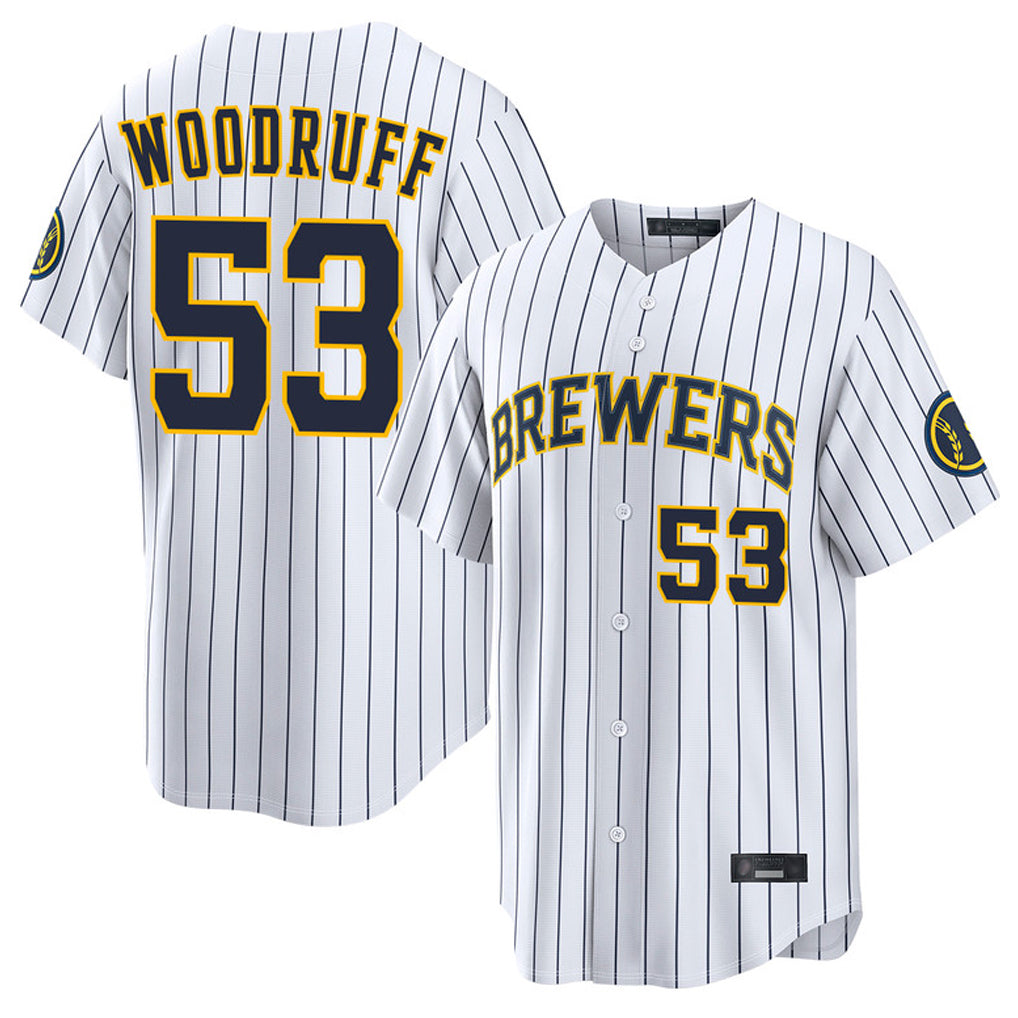 M.Brewers #53 Brandon Woodruff Player White Stripes Home Limited Game Qdoa Stitched Jerseys
