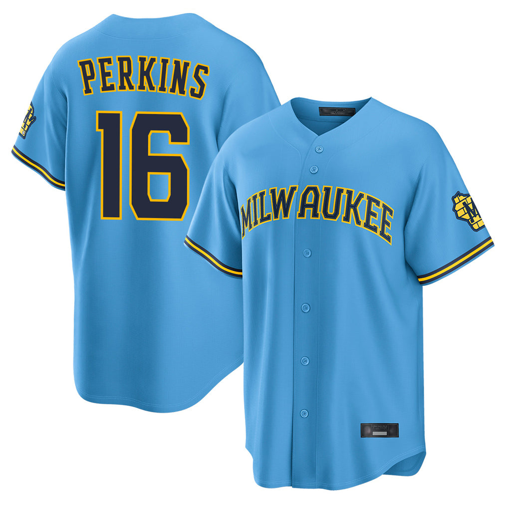 M.Brewers #16 Blake Perkins Player Light Blue Road Stadium Game Qdoa Stitched Jerseys