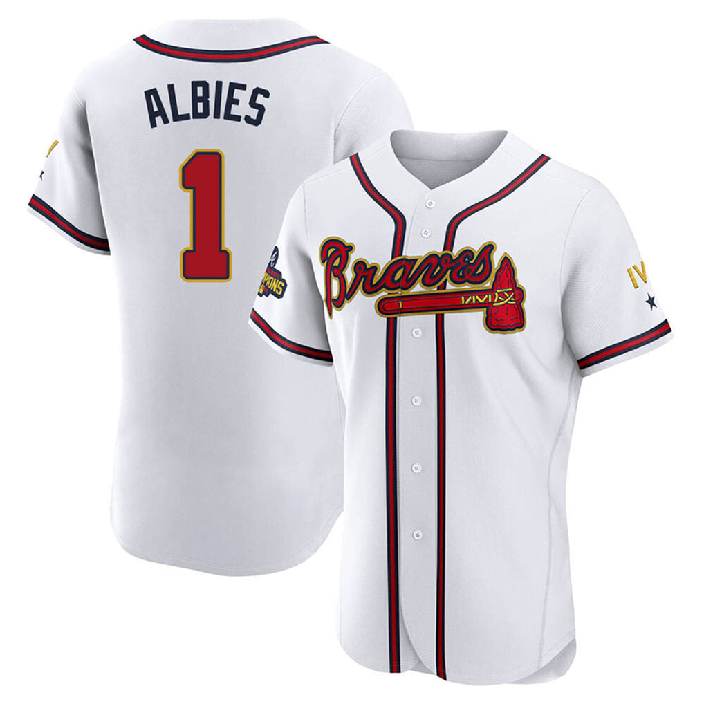 A.Braves #1 Ozzie Albies Player White Gold Limited Elite Home Game Qdoa Stitched Jerseys