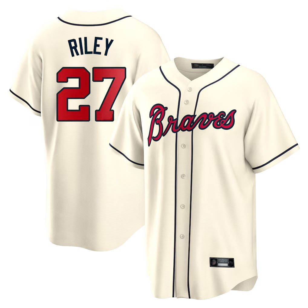 A.Braves #27 Austin Riley Player Cream Home Game Qdoa Stitched Jerseys
