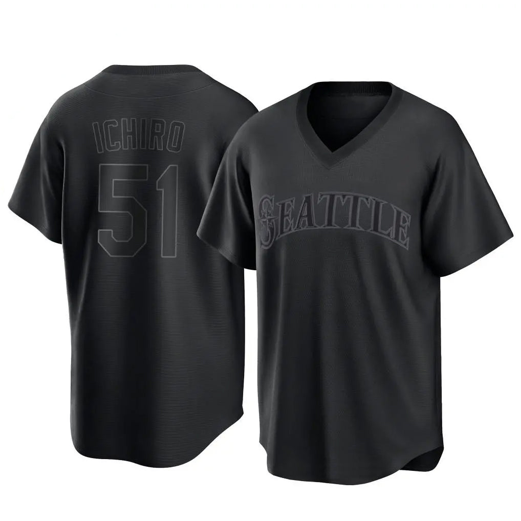 S.Mariners #51 Ichiro Suzuki Player Black Replica Fashion T-shirt Qdoa Stitched Jerseys