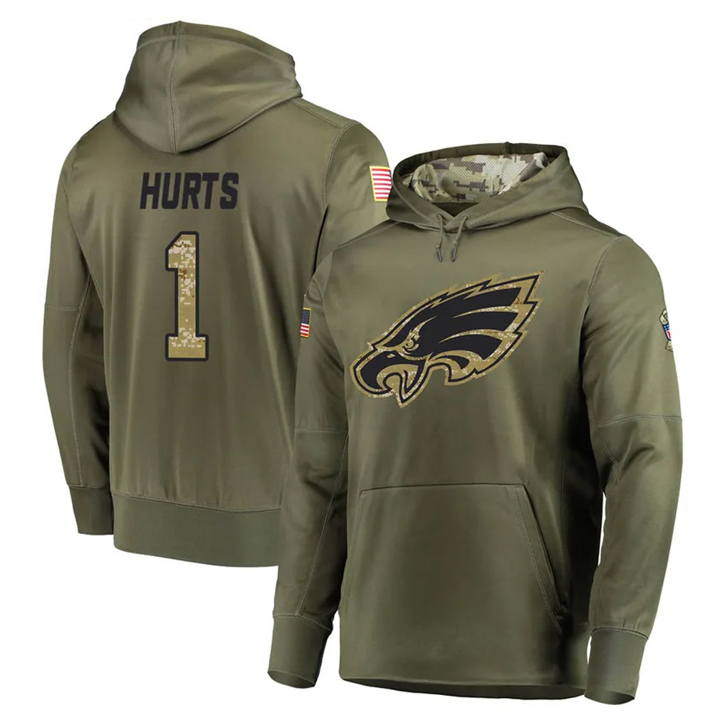 P.Eagles #1 Jalen Hurts Player Olive Salute to Service Pullover Hoodies Home Game Qdoa Stitched Jerseys