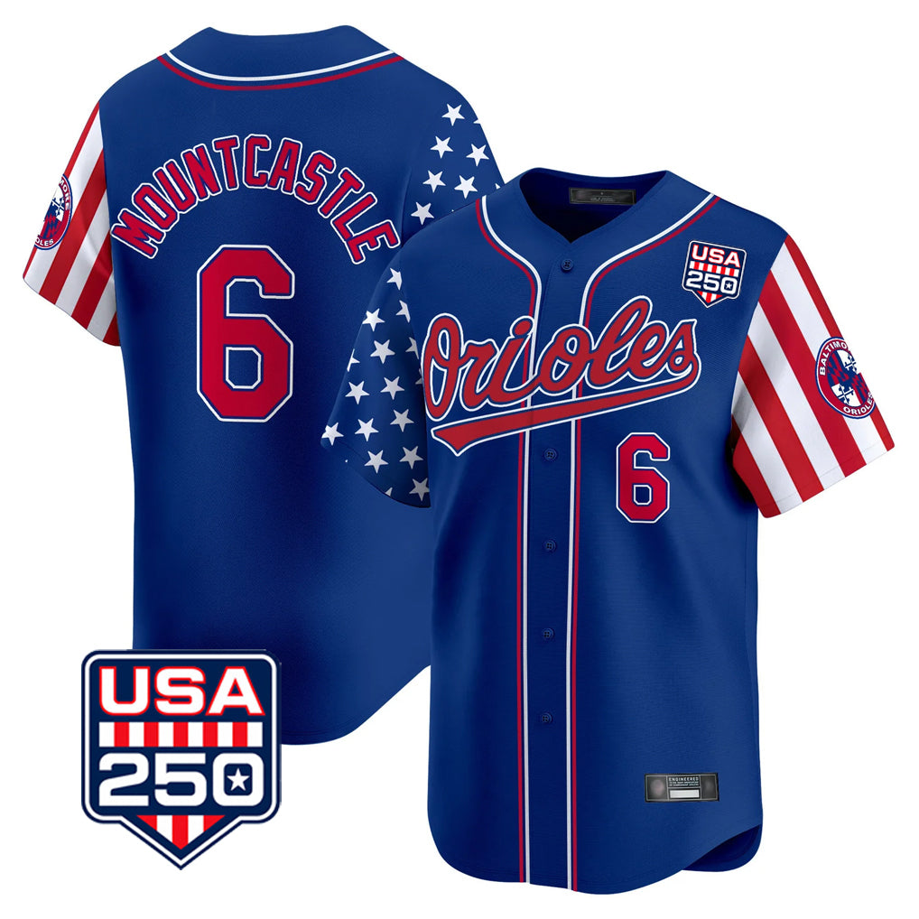B.Orioles #6 Ryan Mountcastle Player Royal USA 250 Independence Day Vapor Premier Limited Home Game Qdoa Stitched Jerseys
