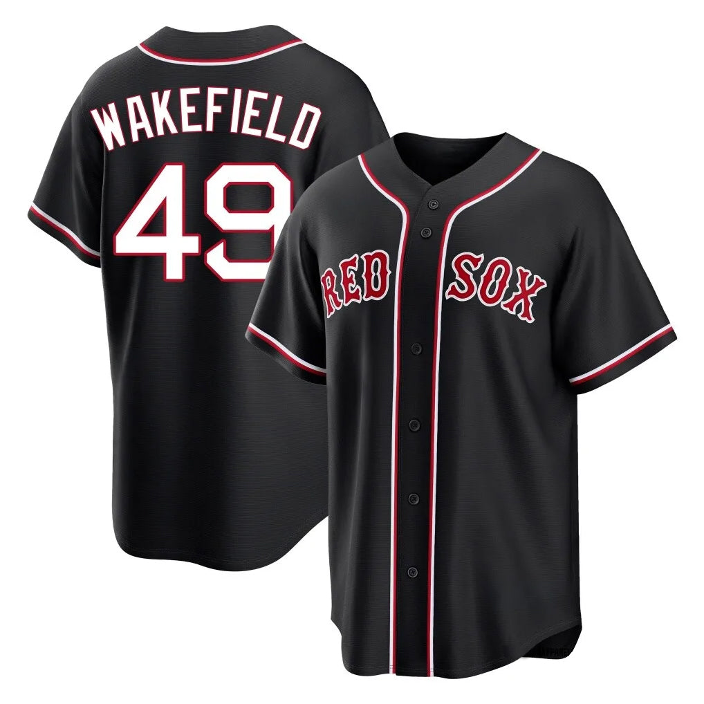 B.Red Sox #49 Tim Wakefield Player Black Out Home Game Qdoa Stitched Jerseys
