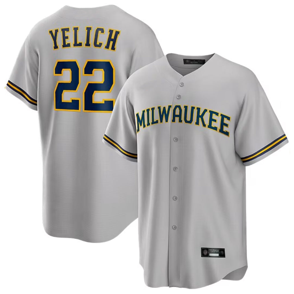 M.Brewers #22 Christian Yelich Player Gray Home Game Qdoa Stitched Jerseys