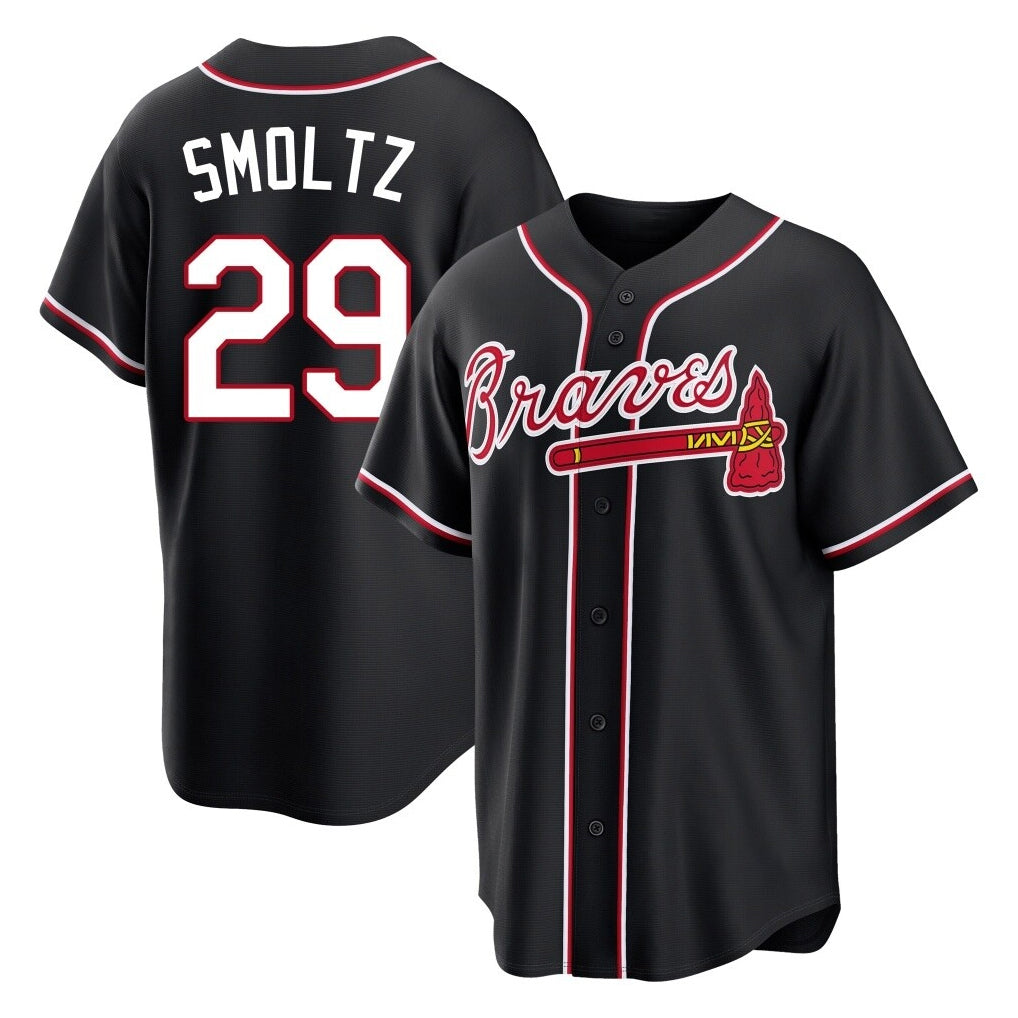 A.Braves #29 John Smoltz Player Black Fashion Out Game Qdoa Stitched Jerseys