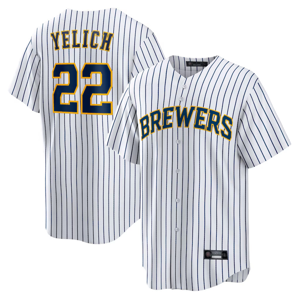M.Brewers #22 Christian Yelich Player White Stripes Home Game Qdoa Stitched Jerseys