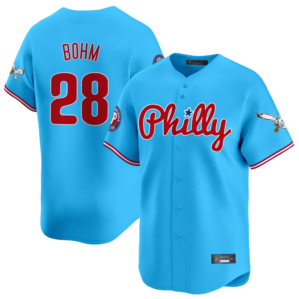 P.Phillies #28 Alec Bohm Player Light Blue Phillies & Eagles Vapor Premier Limited Home Qdoa Stitched Jerseys