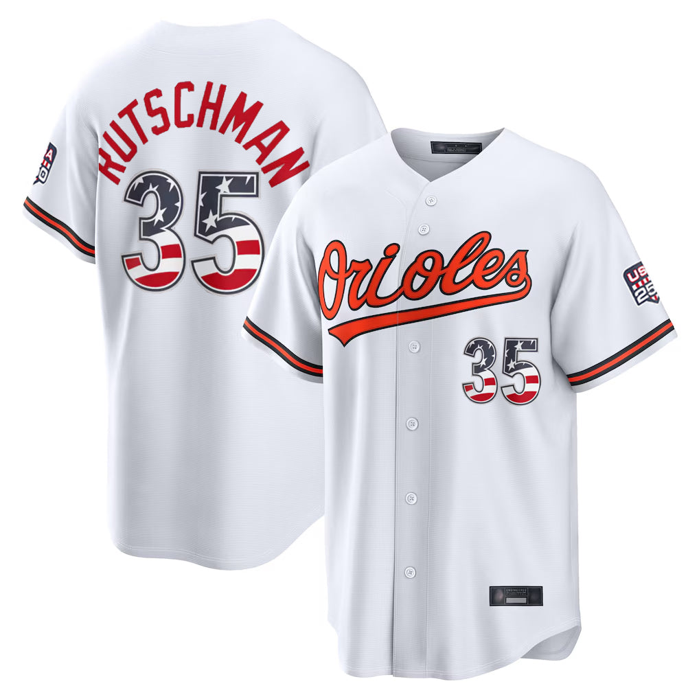 B.Orioles #35 Adley Rutschman Player White USA 250 Fourth of July Home Game Qdoa Stitched Jerseys