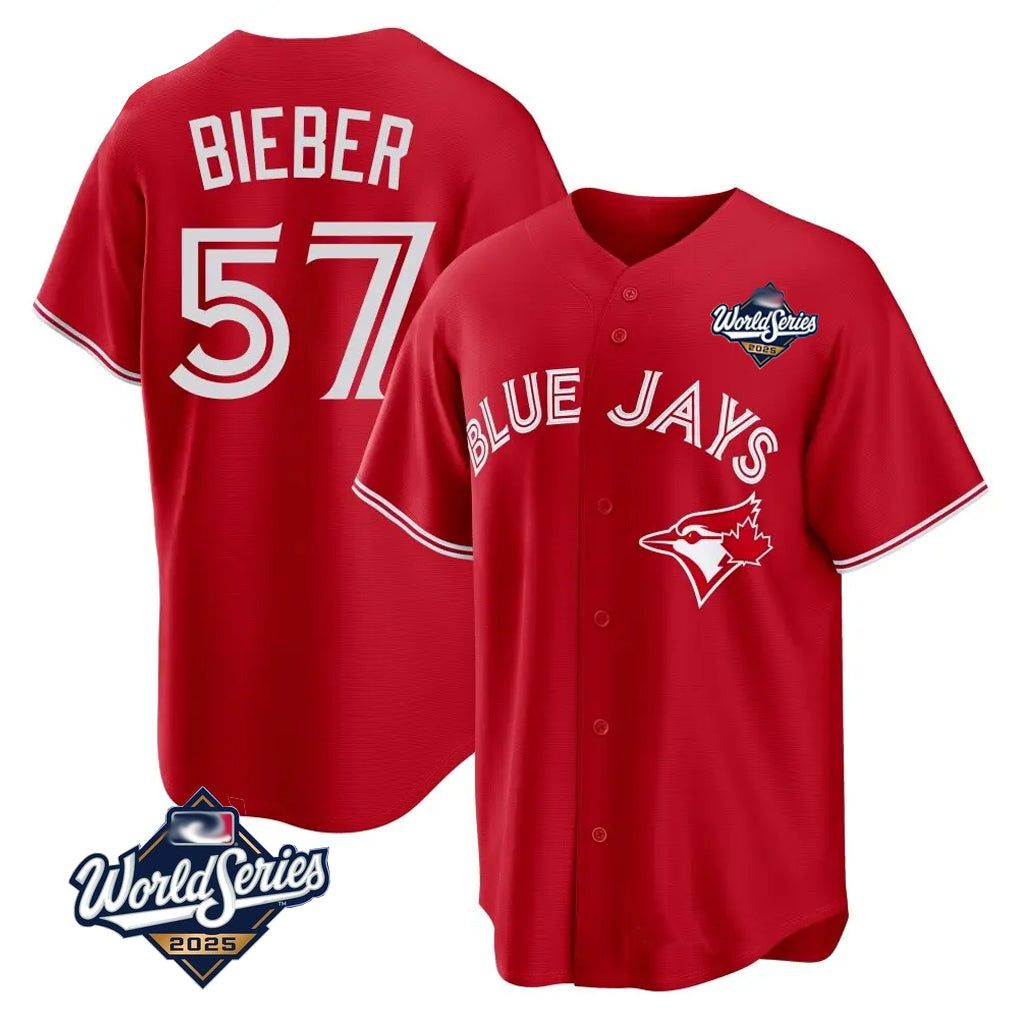T.Blue Jays #57 Shane Bieber Player Red 2025 World Series All Qdoa Stitched Jerseys