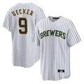 M.Brewers #9 Bob Uecker Player White Stripes Home Game Qdoa Stitched Jerseys