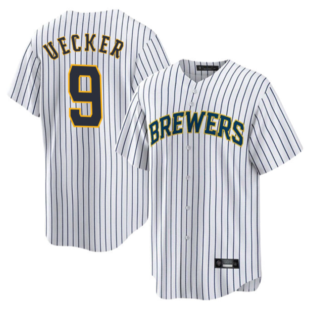 M.Brewers #9 Bob Uecker Player White Stripes Home Game Qdoa Stitched Jerseys