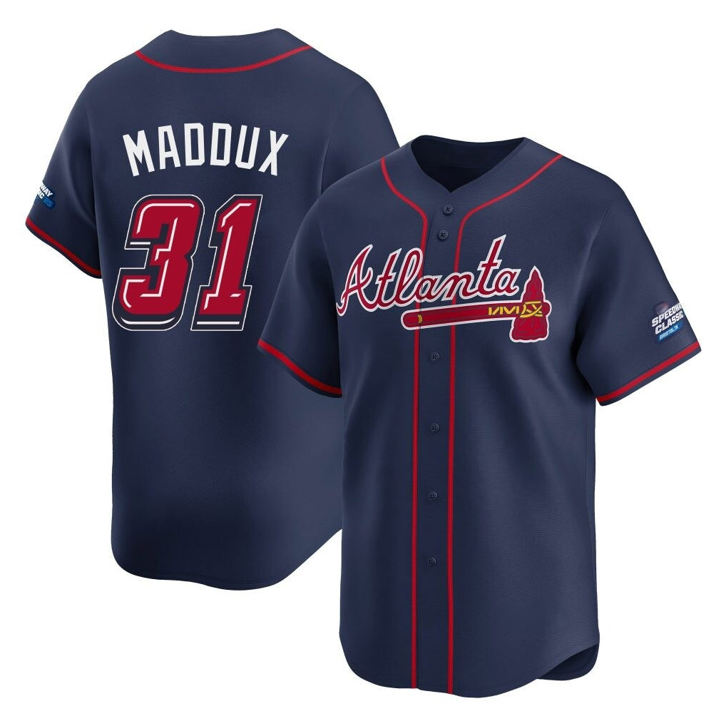 A.Braves #31 Greg Maddux Player Navy 2025 Speedway Classic Home Game Qdoa Stitched Jerseys