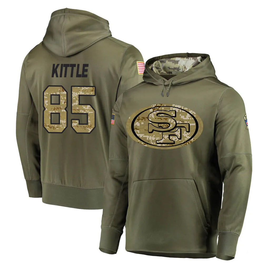 SF.49ers #85 George Kittle Player Olive Salute to Service Pullover Hoodie Home Game Qdoa Stitched Jerseys
