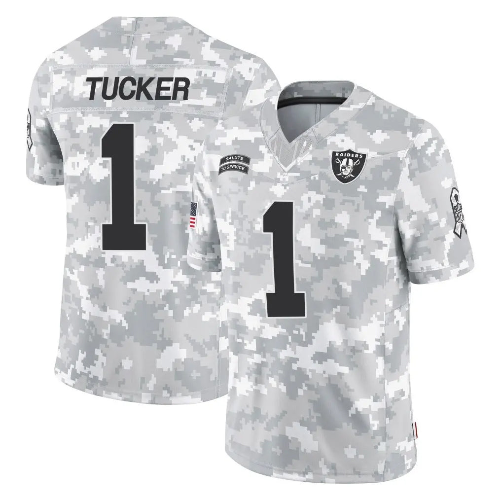 LV.Raiders #1 Tre Tucker Player Arctic Camo Salute To Service Limited Game Qdoa Stitched Jerseys