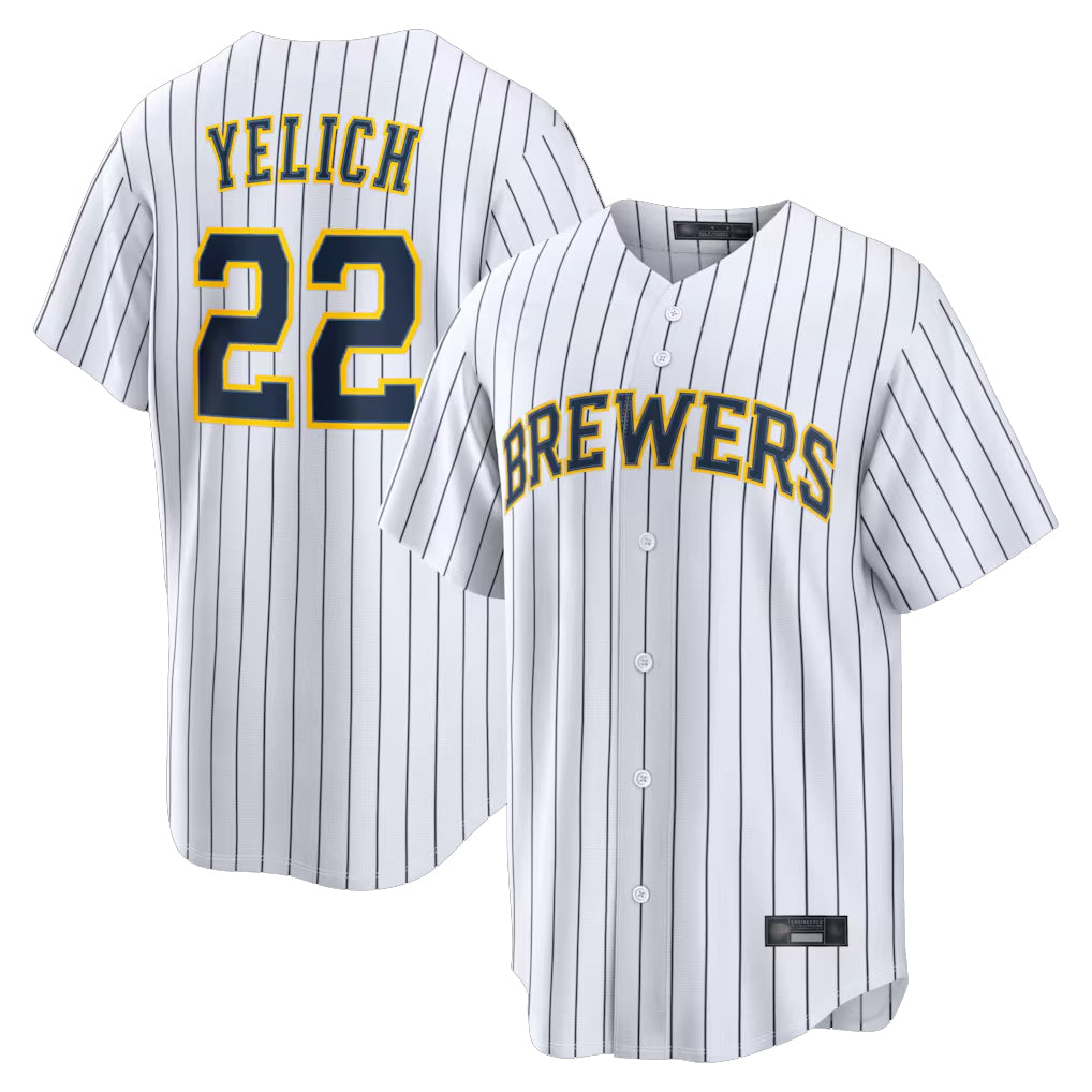 M.Brewers #22 Christian Yelich Player White Stripes Home Limited Qdoa Stitched Jerseys