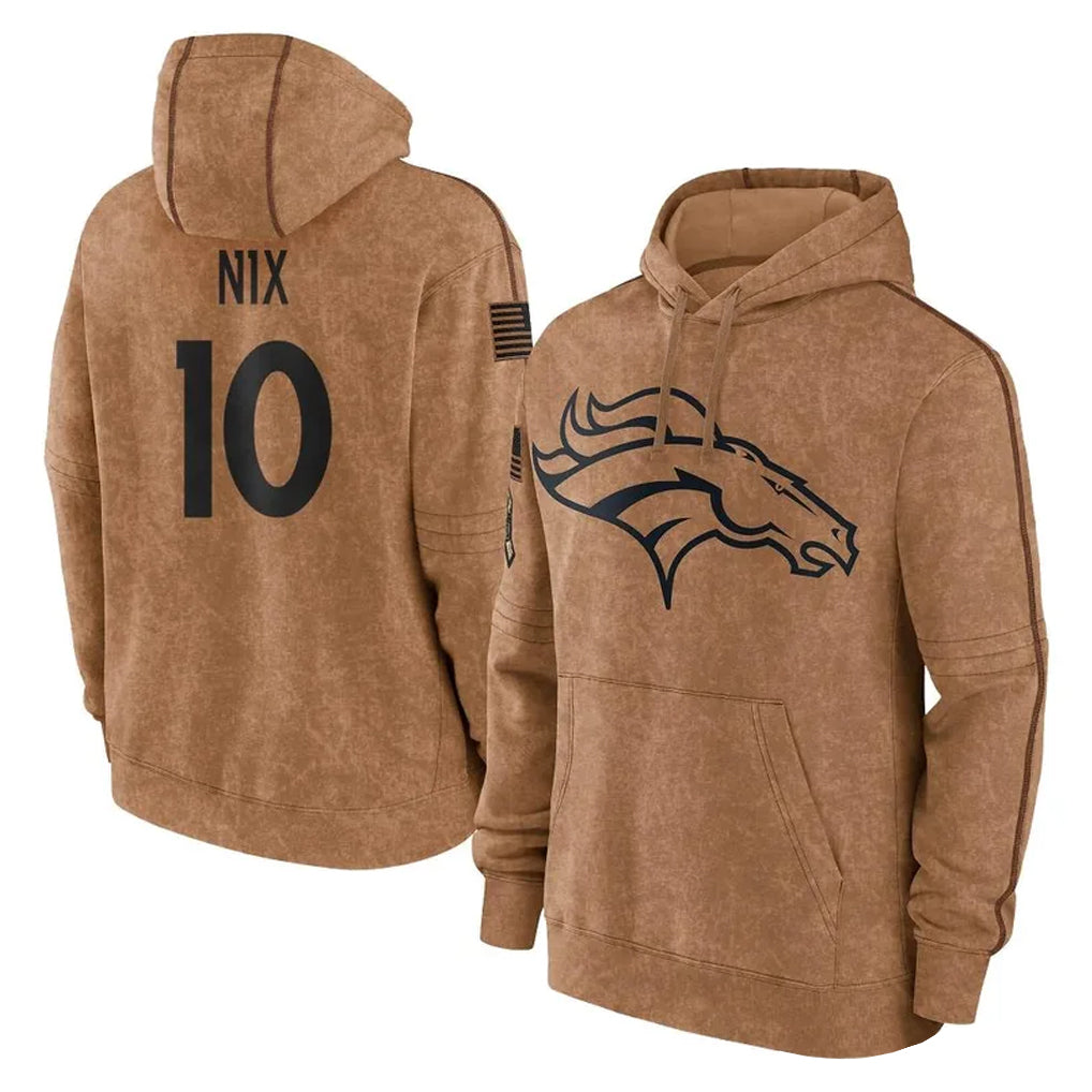 D.Broncos #10 Bo Nix Player Brown Salute to Service Hoodies Limited Game Qdoa Stitched Jerseys