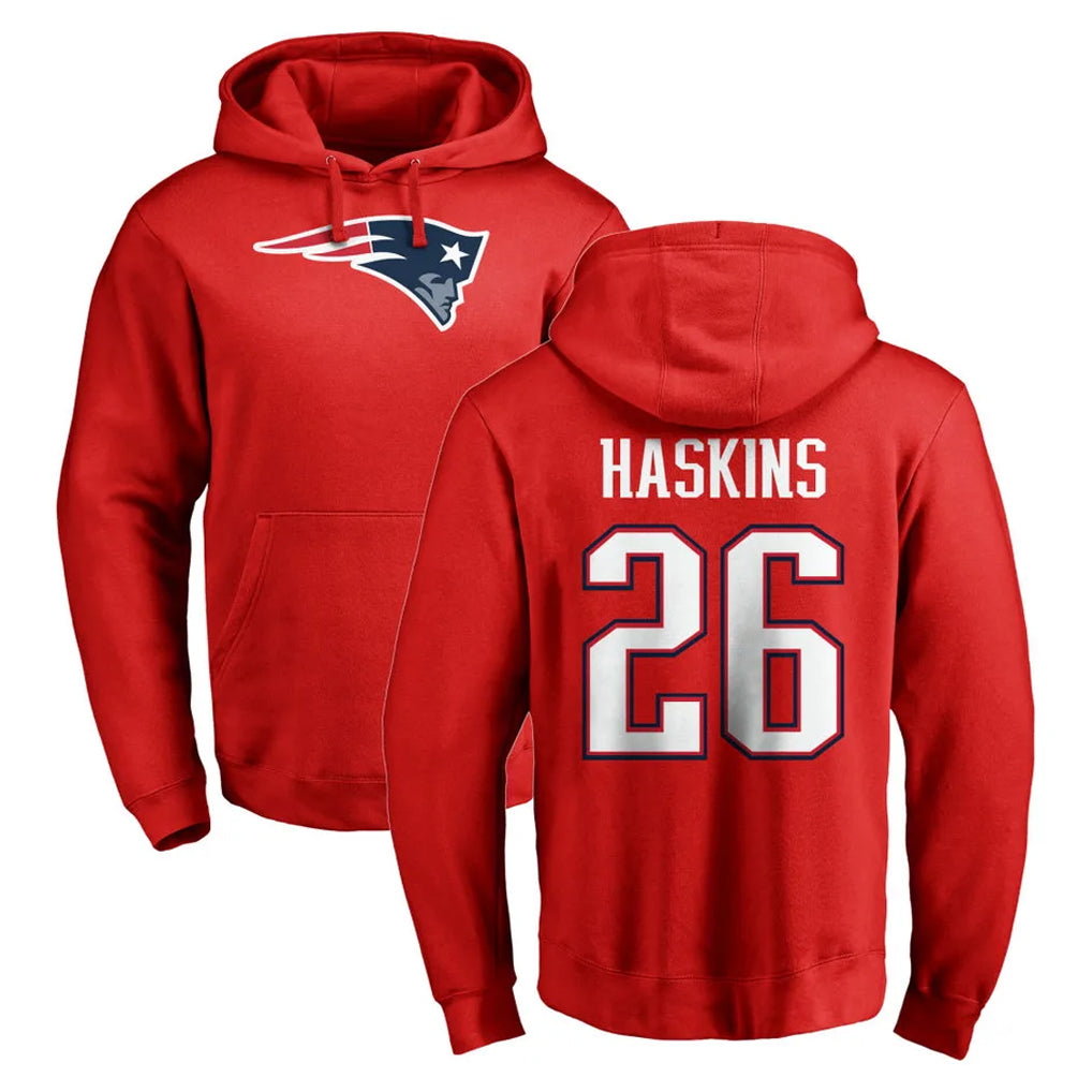 NE.Patriots #26 Hassan Haskins Player Red LOGO Pullover Hoodies Home Game Qdoa Stitched Jerseys