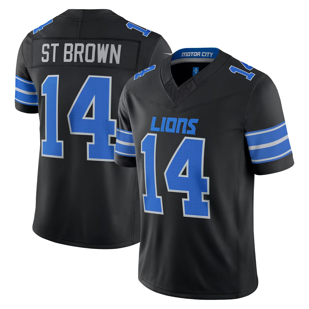 D.Lions #14 Amon-Ra St. Brown Player Black Vapor F.U.S.E. Limited Game Home Qdoa Stitched Jerseys