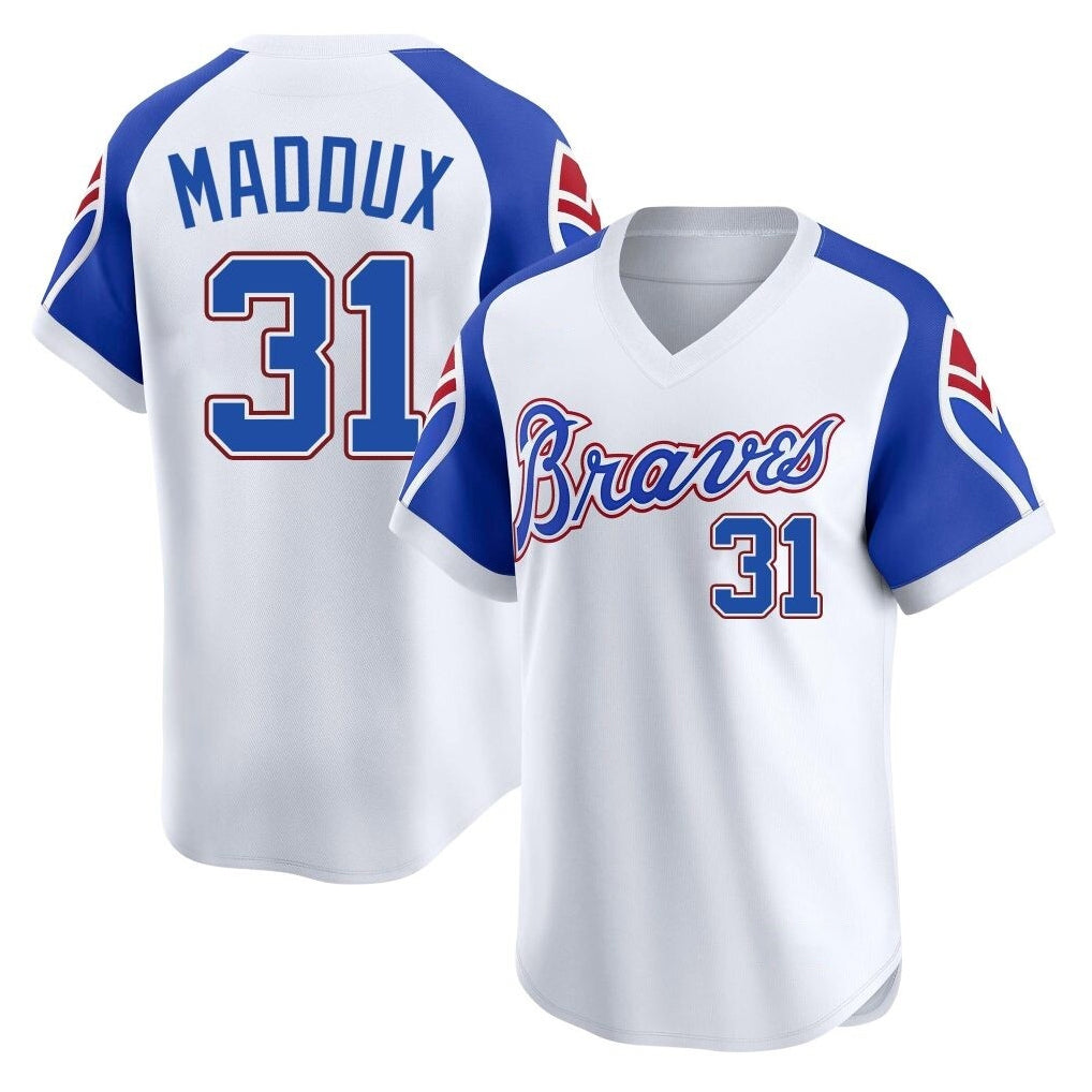 A.Braves #31 Greg Maddux Player White Throwback Cooperstown Collection T-shirt Game Qdoa Stitched Jerseys