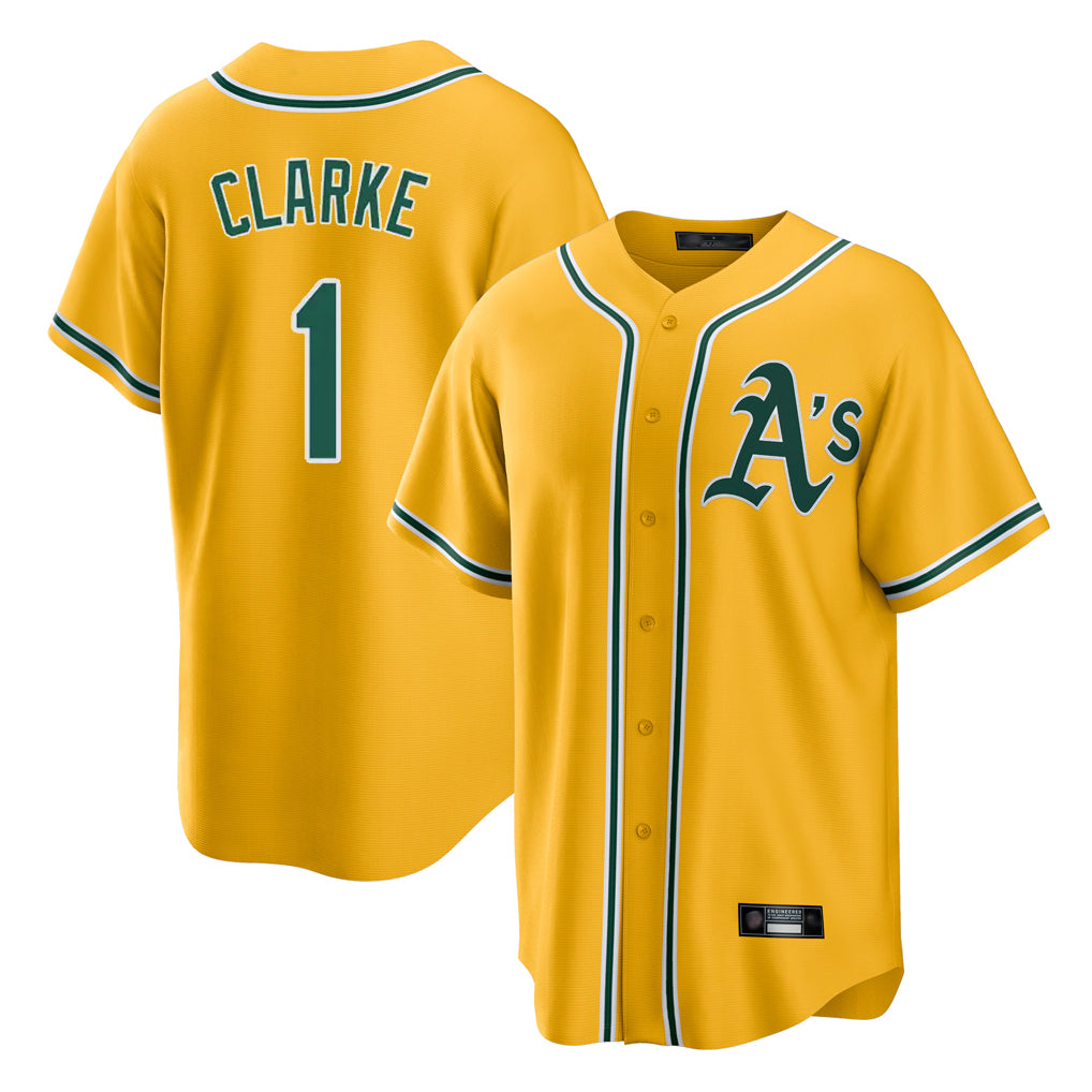 Athletics #1 Denzel Clarke Player Gold Alternate Home Game Qdoa Stitched Jerseys