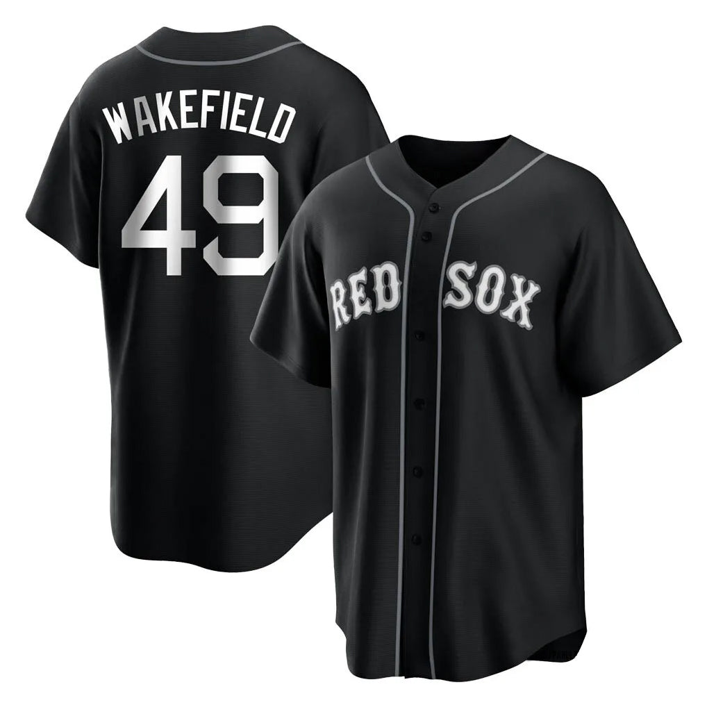 B.Red Sox #49 Tim Wakefield Player Black Home Game Qdoa Stitched Jerseys