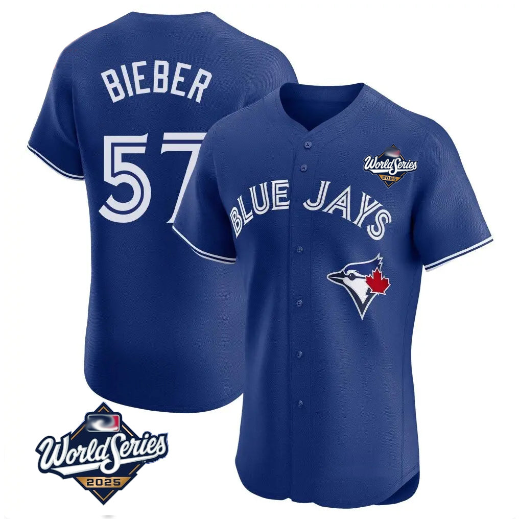 T.Blue Jays #57 Shane Bieber Player Royal 2025 World Series Elite All Qdoa Stitched Jerseys