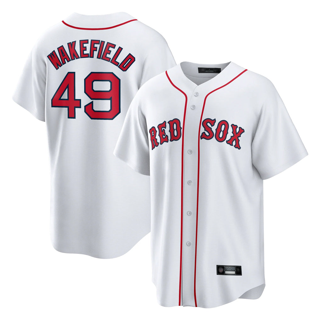 B.Red Sox #49 Tim Wakefield Player White Home Game Qdoa Stitched Jerseys