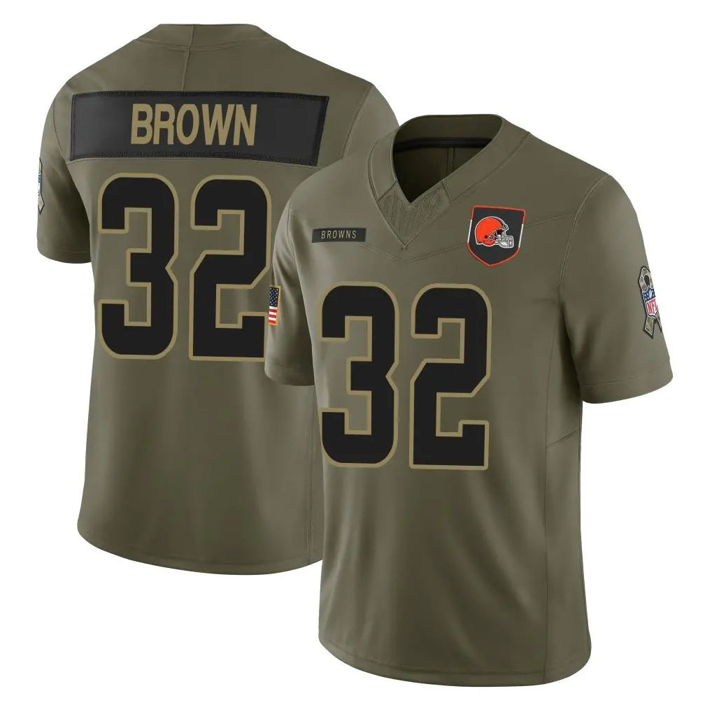 C.Browns #32 Jim Brown Player Olive 2025 Salute to Service Limited Home Game Qdoa Stitched Jerseys