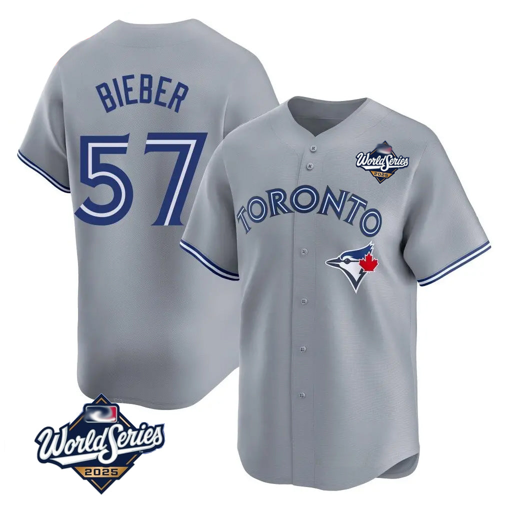 T.Blue Jays #57 Shane Bieber Player Gray 2025 World Series All Qdoa Stitched Jerseys