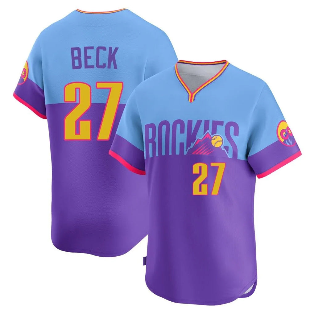C.Rockies #27 Jordan Beck Player Purple-Light Blue City Connect Limited Home T-shirt Qdoa Stitched Jerseys