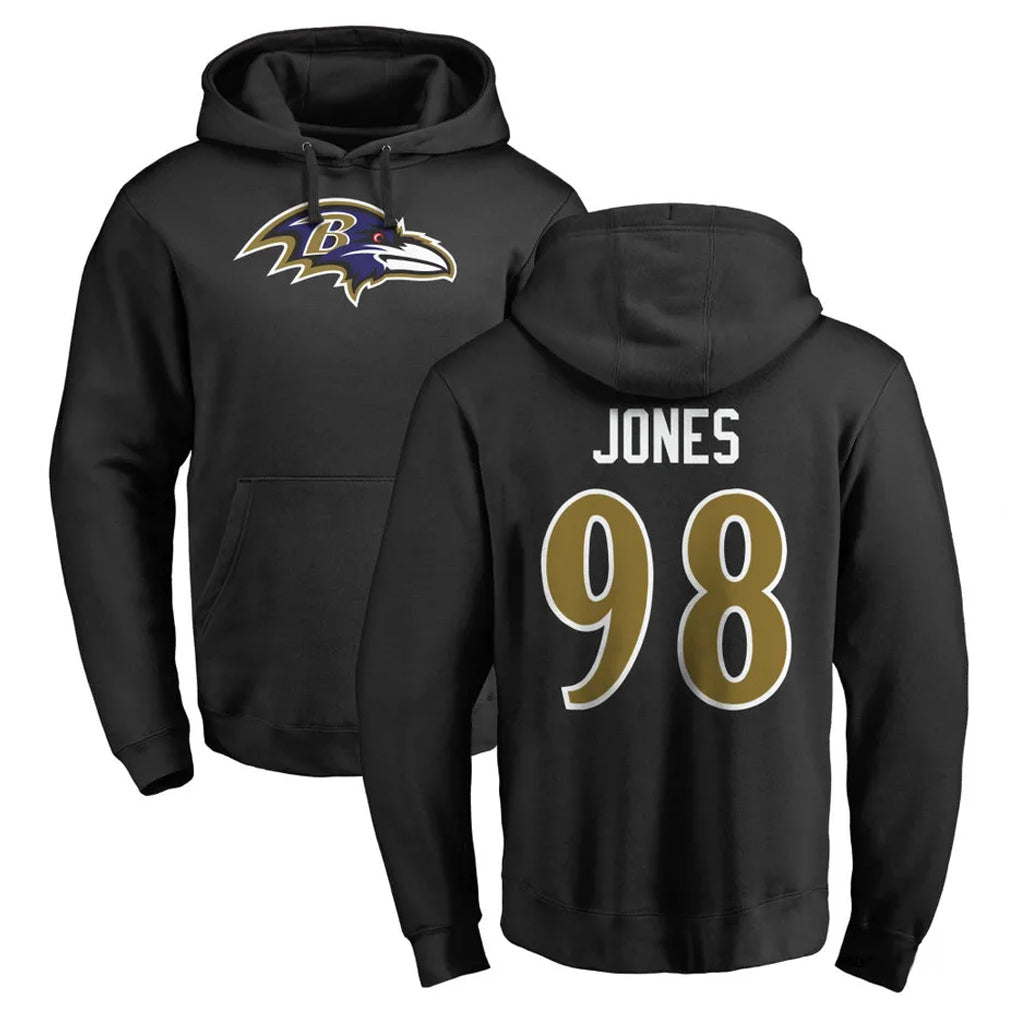 B.Ravens #98 Travis Jones Player Black Pullover Hoodie Qdoa Stitched Jerseys