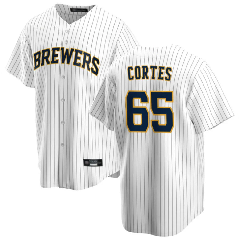 M.Brewers #65 Nestor Cortes Player White Stripes Home Game Qdoa Stitched Jerseys