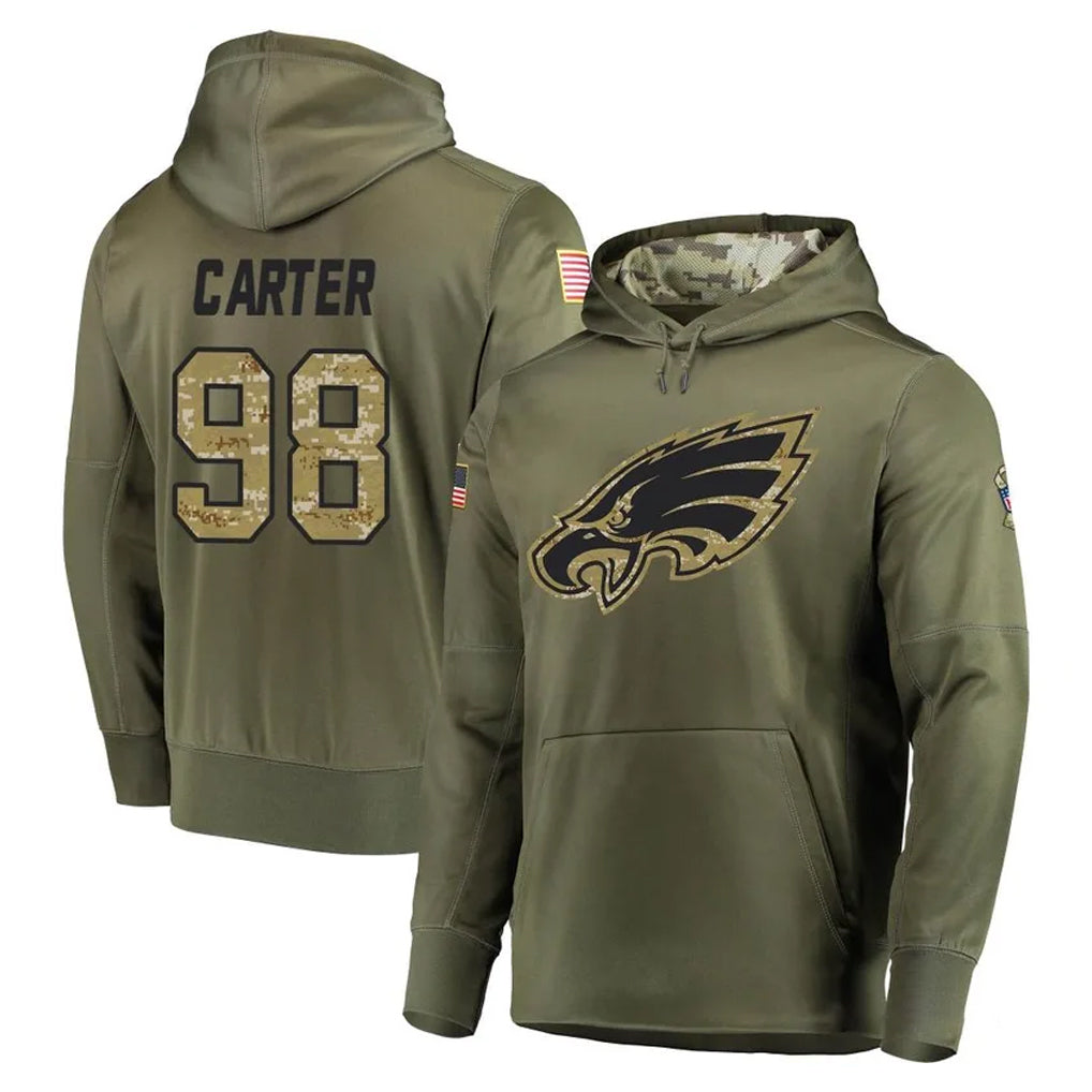 P.Eagles #98 Jalen Carter Player Olive Salute to Service Pullover Hoodies Home Game Qdoa Stitched Jerseys