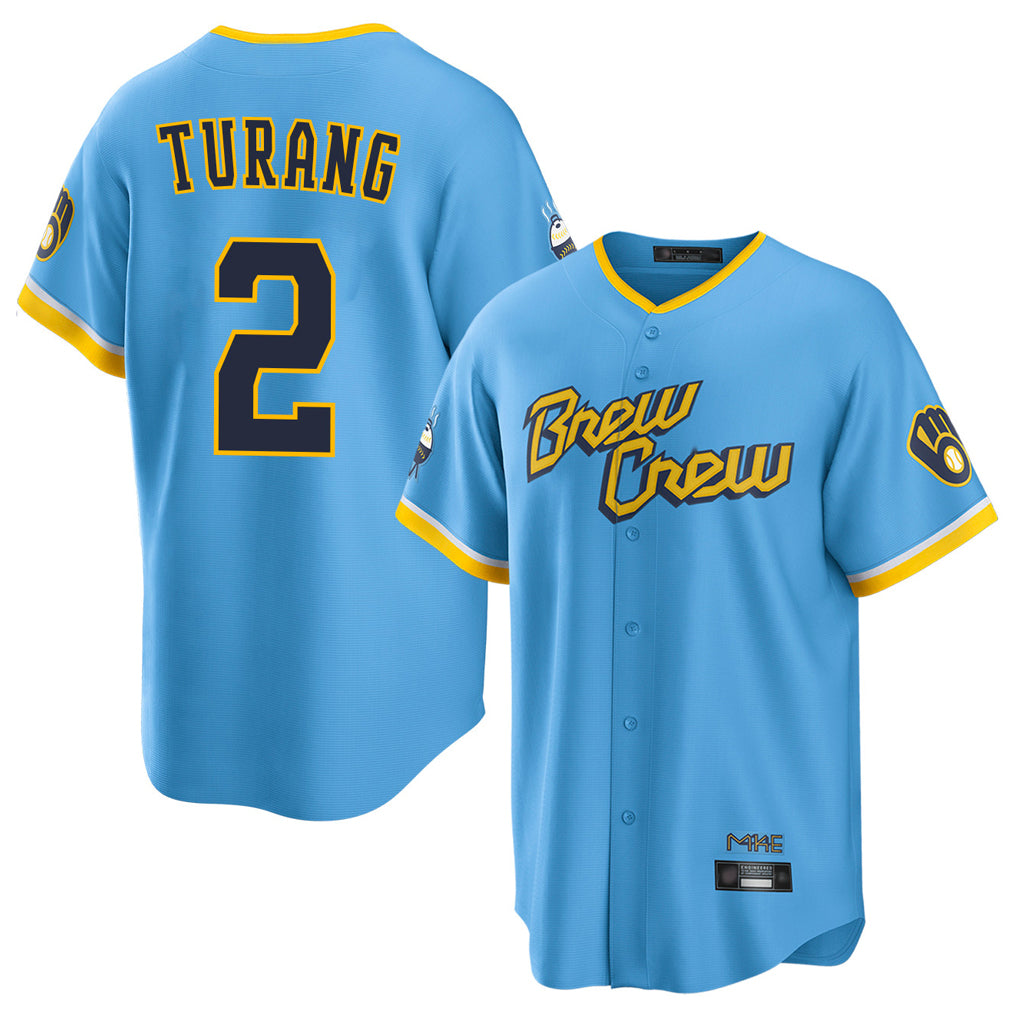 M.Brewers #2 Brice Turang Player Light Blue City Connect Home Game Qdoa Stitched Jerseys
