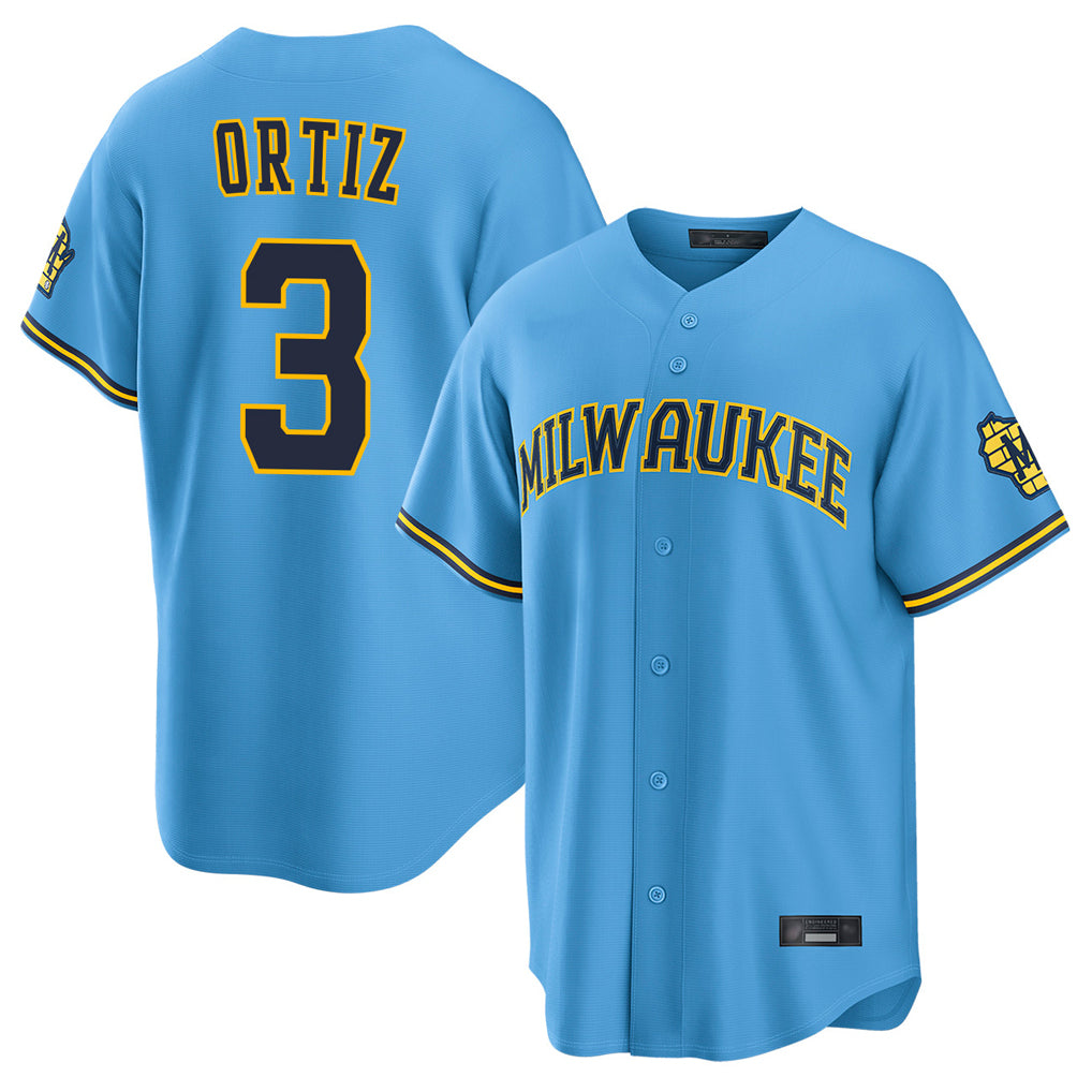 M.Brewers #3 Joey Ortiz Player Light Blue Road Stadium Game Qdoa Stitched Jerseys