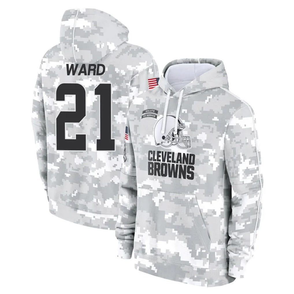 C.Browns #21 Denzel Ward Player Arctic Camo Salute to Service Hoodies Limited Game Qdoa Stitched Jerseys