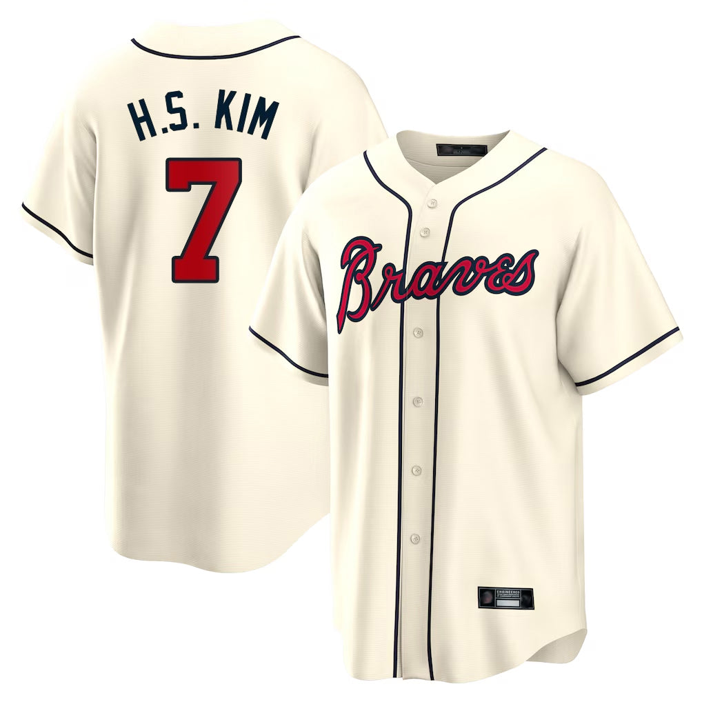A.Braves #7 Ha-Seong Kim Player Cream Home Game Qdoa Stitched Jerseys