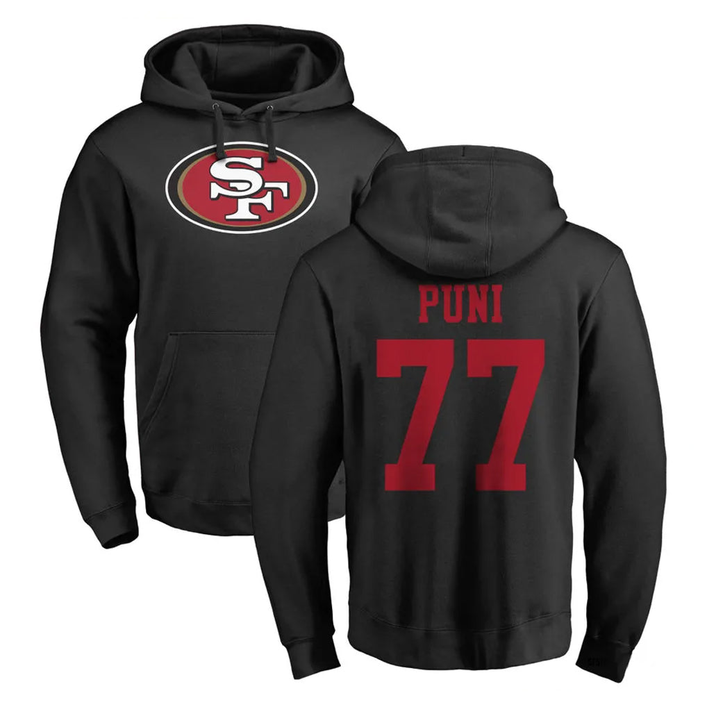 SF.49ers #77 Dominick Puni Player Black LOGO Pullover Hoodies Home Game Qdoa Stitched Jerseys