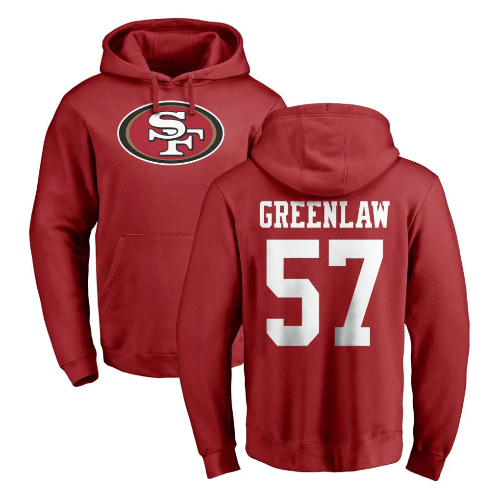 SF.49ers #57 Dre Greenlaw Player Red LOGO Pullover Hoodies Home Game Qdoa Stitched Jerseys